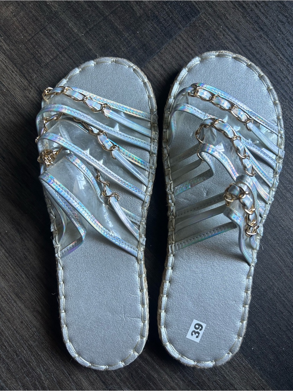 Women's Iridescent Silver Slide Sandals with Gold Chain Detail
